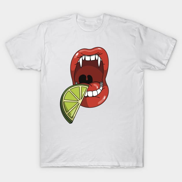 Mouth with vampire teeth about to take a bite into slice of lime T-Shirt by Fruit Tee